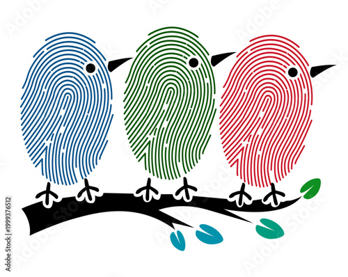 Three stylized birds perch on a dark branch. Each bird has a fingerprint pattern in blue, green, and red. Tiny black eyes and beaks complete their simple faces