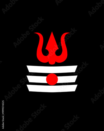 Red trident above three horizontal stripes with central dot. Symbol represents Hindu deity energy and power. Bold design stands out against stark black background. Ideal for spiritual, cultural