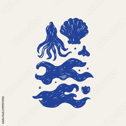Ocean and sea-themed vector illustrations. Includes waves, marine animals, shells, boats, and underwater elements. Perfect for summer designs and nature projects.