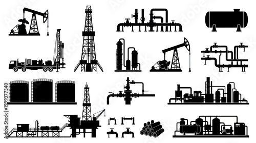 Oil Gas Industry Icons Set, Black and White Silhouette Glyphs of Petroleum Production Equipment