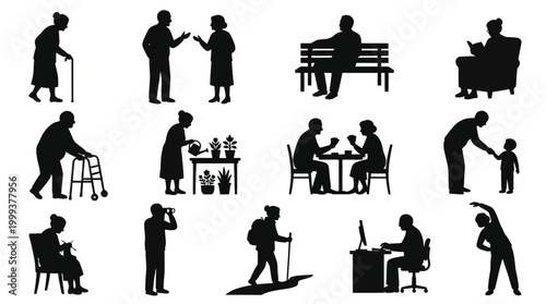 Senior Lifestyle Silhouettes: Elderly People Active Retirement Health and Social Activities Set