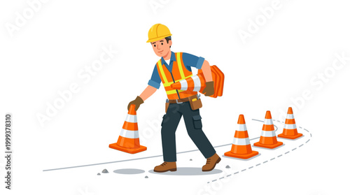 Construction worker placing traffic cones on a marked road