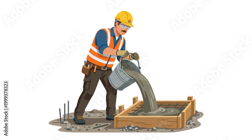 Construction worker pouring concrete into wooden formwork on site