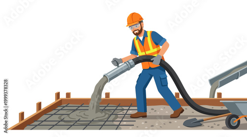 Construction worker pouring concrete on building site foundation