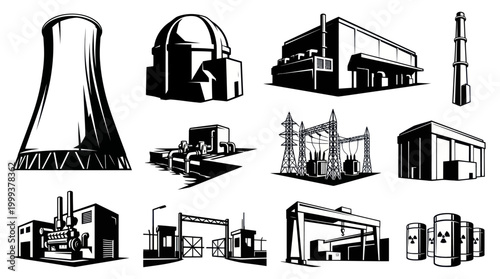 Monochrome Vector Icons: Energy, Power Plants, Nuclear Facilities, Industrial Infrastructure Set