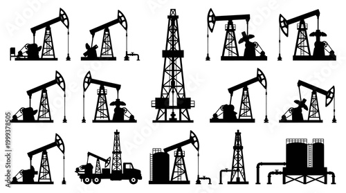 Oil and Gas Industry Equipment Silhouettes Set. Petroleum Rigs, Pumps, and Derricks Icons.