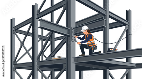 Construction worker inspecting steel framework on building site