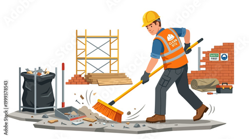 Construction worker sweeping debris at a building site illustration