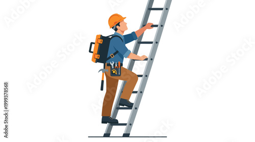 Construction worker climbing ladder with safety gear and tools