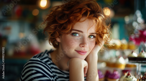 Young woman with curly red hair smiling at cafe by pastries  