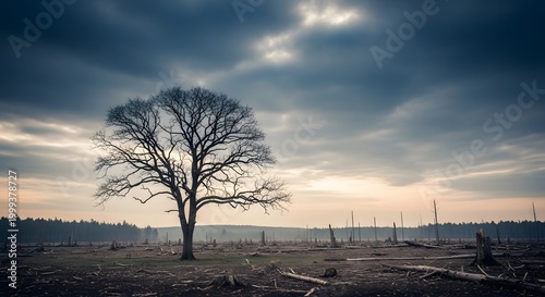 Bare Tree Standing in Deforested Landscape with Stumps and Logs Under Cloudy Sky