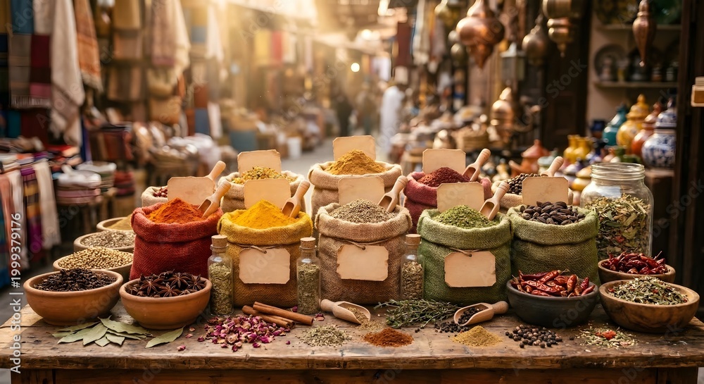 Fototapeta premium Abundant Spice Display in Labeled Sacks at an Outdoor Market