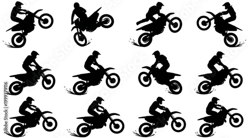 Black  White Silhouette Motocross Riders Bike Racing Action Poses