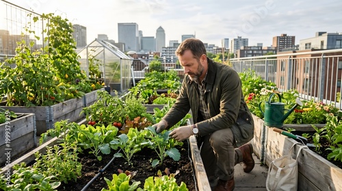 Man tending plants on rooftop garden.