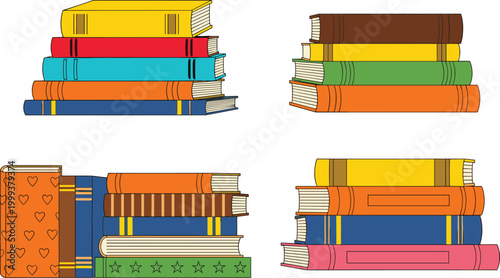 Stacks of colorful books in different arrangements isolated on white background education reading literature vector illustration set