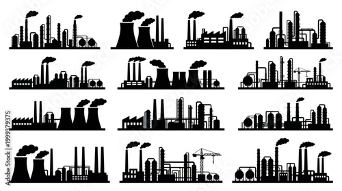Black  White Industrial Factory Silhouettes, Manufacturing Plants, Pollution