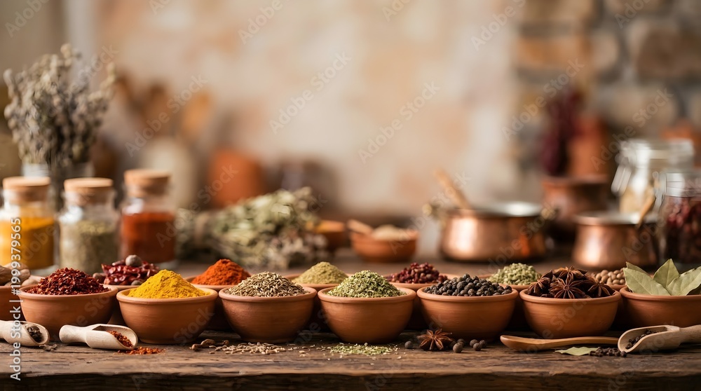 Fototapeta premium Extensive Assortment of Spices in Ceramic Bowls in a Rustic Kitchen