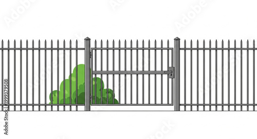 Secure Metal Fence with Gate and Green Bush.