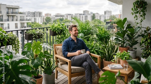 Man relaxing on balcony with plants.