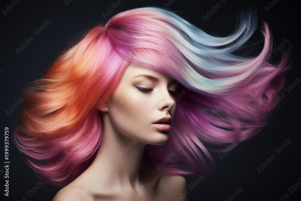 Naklejka premium Studio portrait of a young woman with colorful hair in shades of pink, orange, and blue, showcasing a trendy hairstyle
