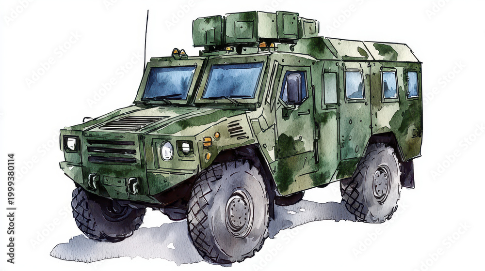 Obraz premium Watercolor illustration of military vehicle featuring rugged design, camouflage pattern, and off road capabilities