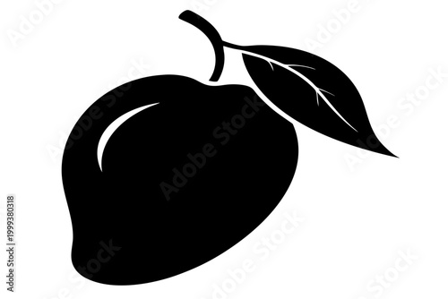 Mango fruit vector illustration, Mango with leaf black icon, mango silhouette art
