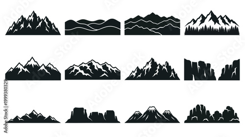 Black  White Mountain Silhouettes, Vector Stock Art
