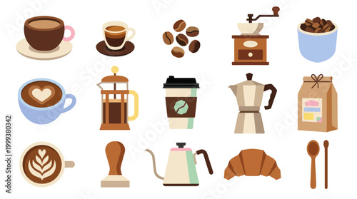 Flat Vector Coffee Icons Set. Cafe Elements Collection with Beans, Cups, Grinder, and Pot