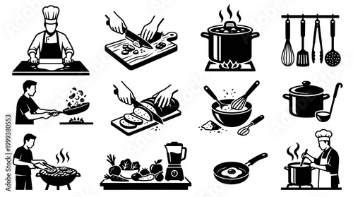 Black and White Cooking and Food Preparation Glyph Icons Set - Culinary Kitchen Tools Vector