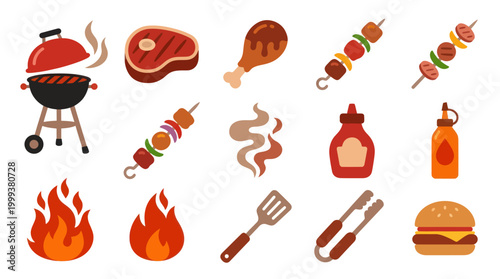 BBQ and Grilling Food Icons - Flat Design Vector Set