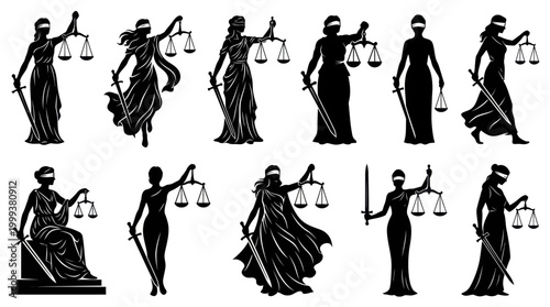 Black and white silhouettes of Lady Justice holding scales and sword