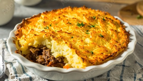 Homemade shepherd pie with ground lamb, vegetable filling, fluffy golden mashed potato topping, rustic kitchen table setting, comfort food classic
