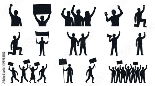 Protest Activism Black Silhouettes: People, Signs, Raised Fists  Megaphone Vector Icons Set