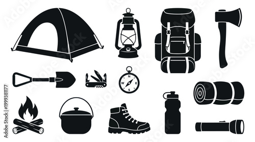 Camping Equipment Icons Black And White Glyph Set