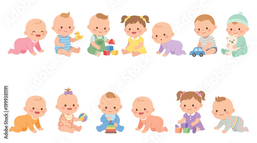 Cute Baby Illustrations: Diverse Kids Playing with Toys, Flat Vector Art
