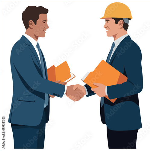 Business agreement between a construction worker and a suited professional