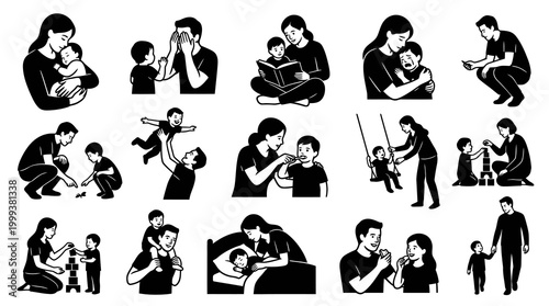 Black and White Vector Icons of Parents and Children Together