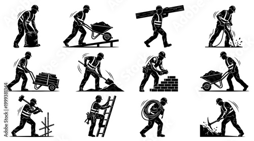 Construction Workers Black  White Vector Glyphs Set: Builders, Tools  Building Tasks