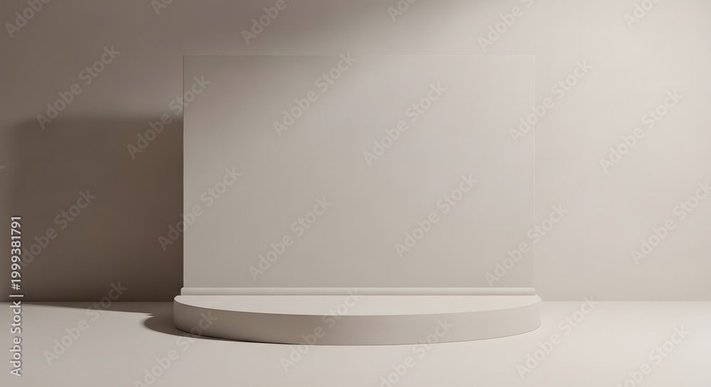 Fototapeta premium 3d rendering of a white circular podium and rectangular panel on a beige background with shadows