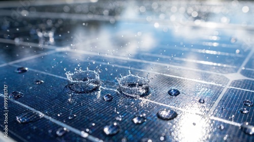 Slow motion macro of water droplets splashing on solar panel surface