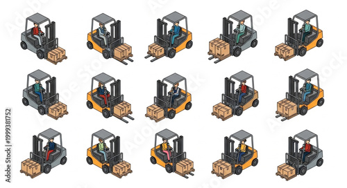 Set of Diverse Isometric Warehouse Forklifts in Various Positions.