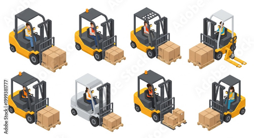 Set of Eight Forklifts Moving Wooden Crates in Warehouse.