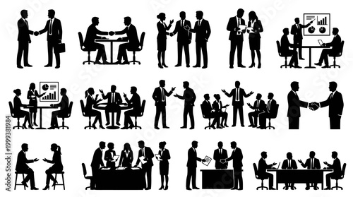 Vector Business Silhouettes: Professionals in Meetings, Discussions, Handshakes Set