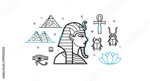 Illustration of an ancient Egyptian pharaoh's head surrounded by symbols and icons, including pyramids, ankh, scarabs, and lotus flower on a white background with a mix of black and blue