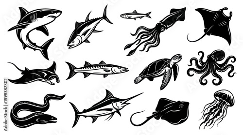 Black  White Marine Life Vector Set: Sea Animals, Fish, Octopus, Shark  Ocean Creatures Icons