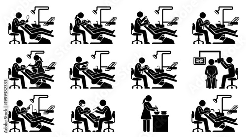 Dentistry Dental Care Treatment Procedures Glyph Pictogram Vector Icons Set Black White