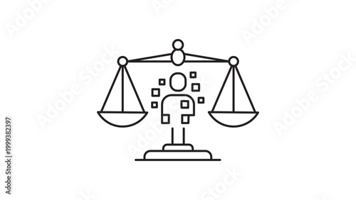 Digital Ethics and AI Governance Vector Icon Illustration, Featuring a Balance Scale with a Pixelated Human Figure, Minimalist Black Line Art with Editable Stroke for Modern Tech Design.