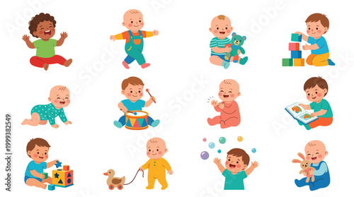 Diverse Babies Playing with Toys, Flat Vector Illustration