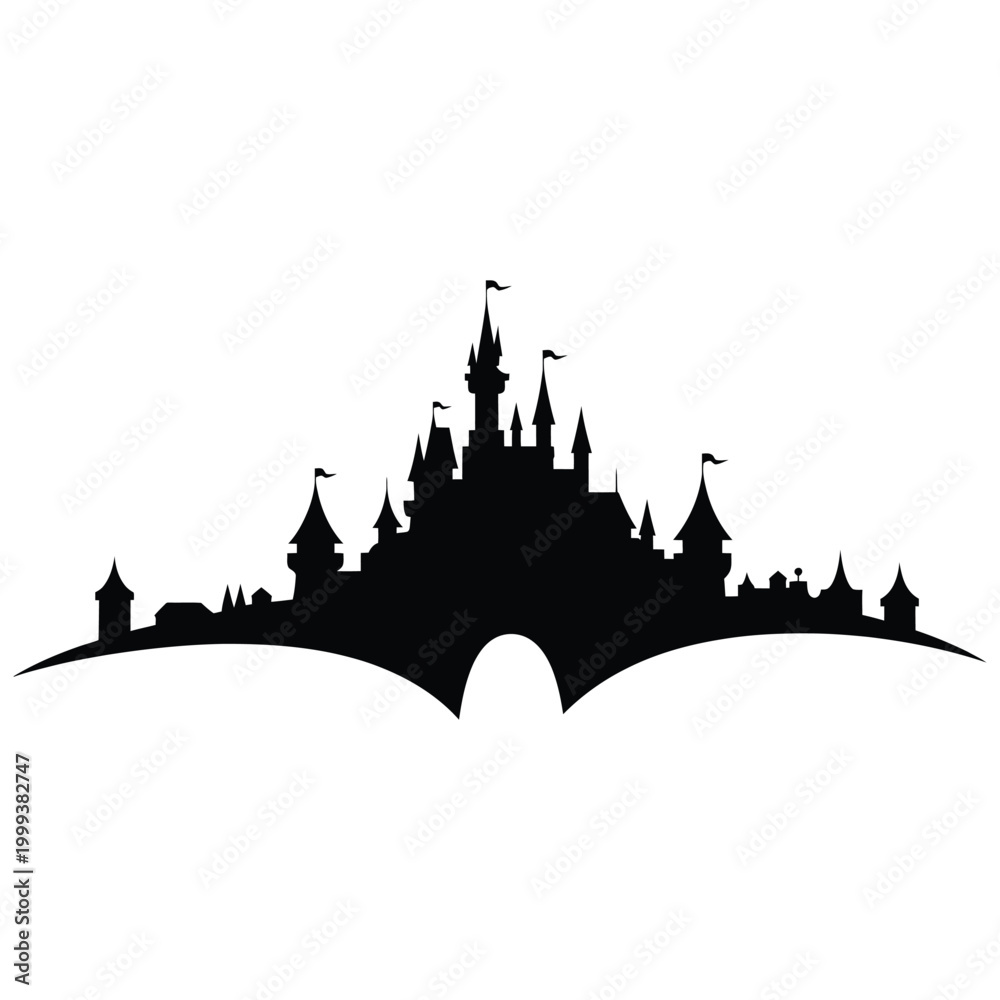 Naklejka premium Black silhouette of a fairytale castle with flags white