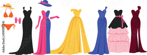 Elegant Evening Gown Collection with Luxury Dresses in Various Styles Including Formal Wear Fashion Illustration for Glamour Event and Designer Projects.